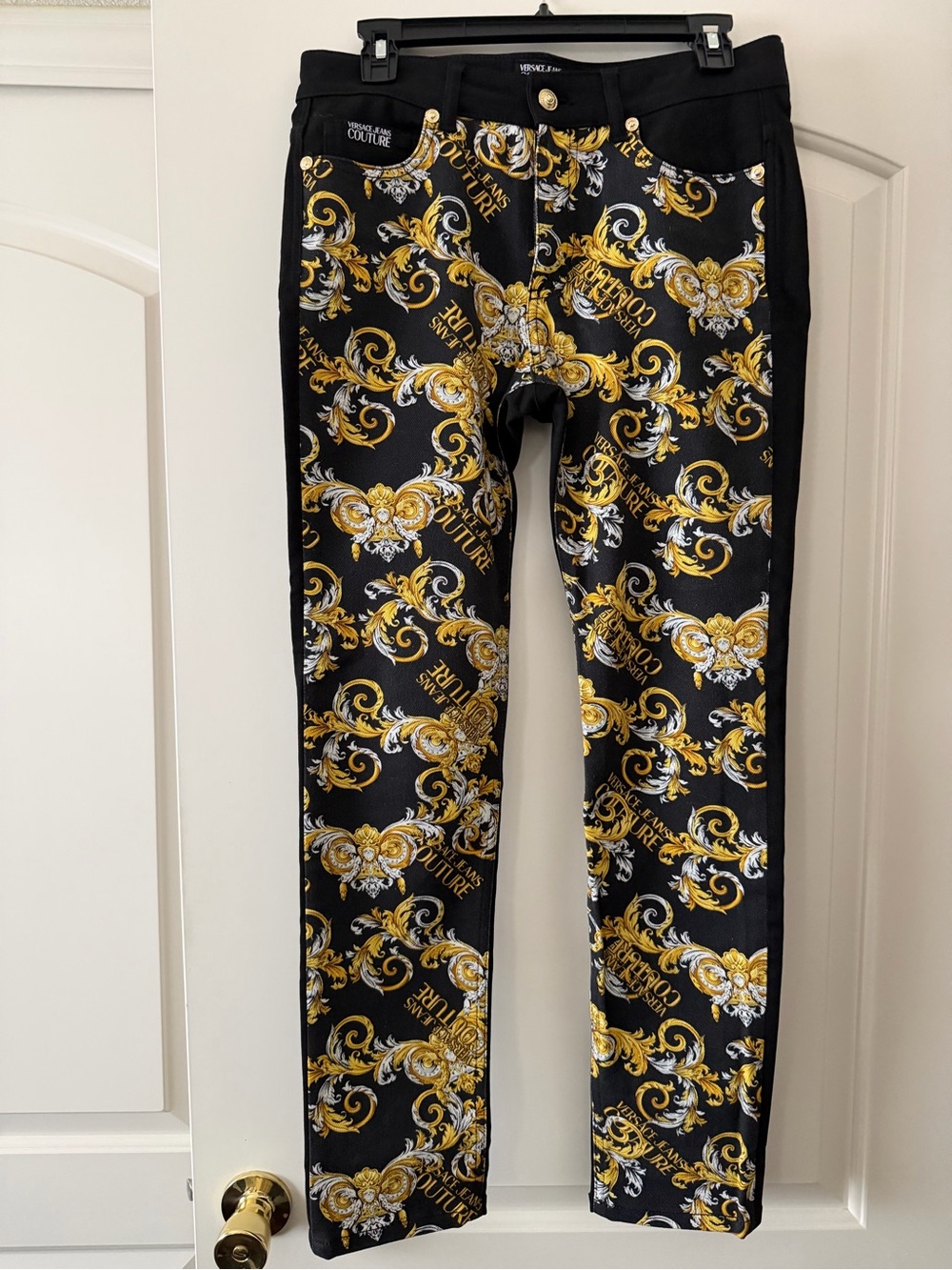 New Versace Jeans Couture Black & Gold Baroque Slim Jeans Authentic